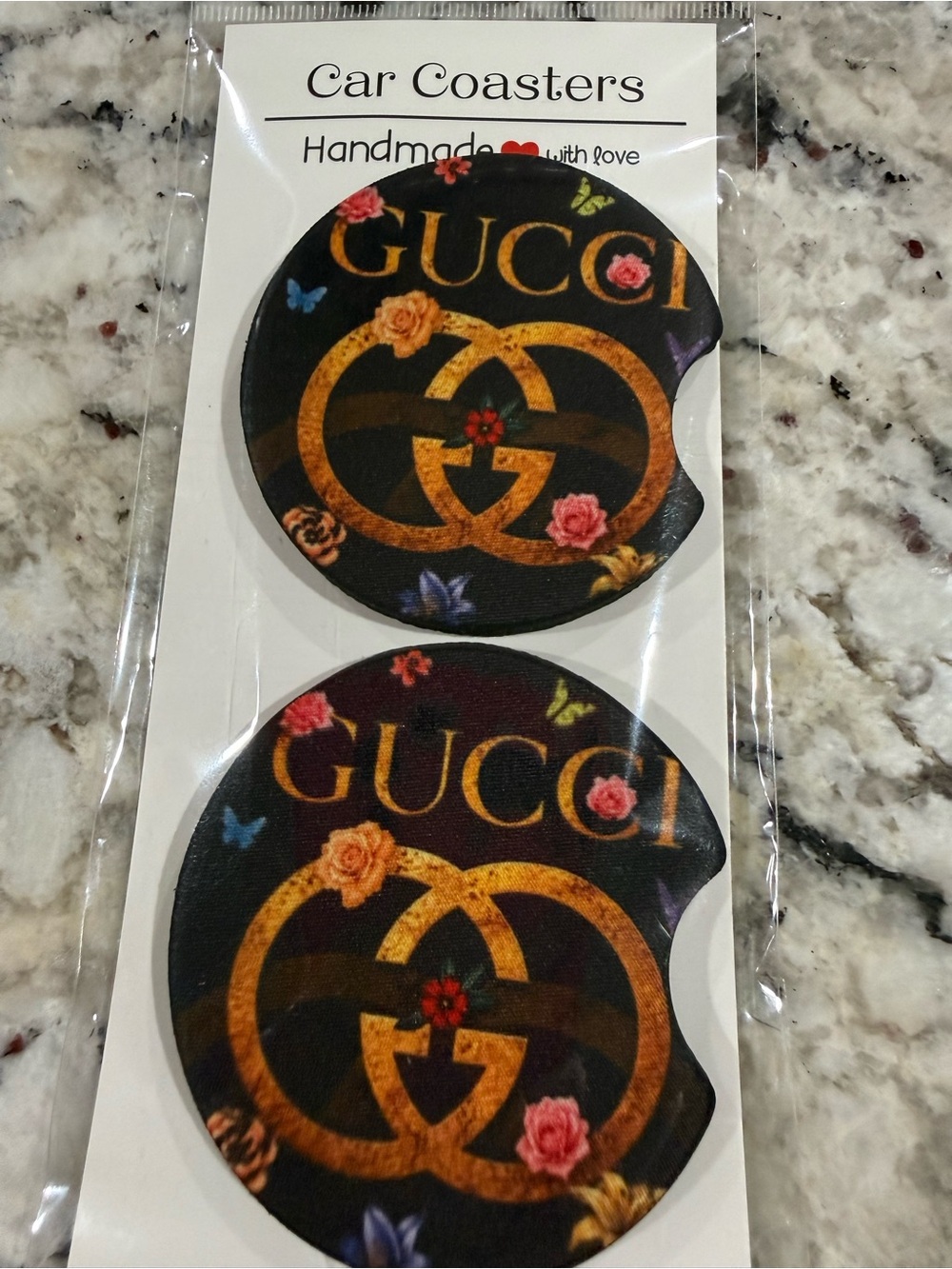 Gucci-Inspired Black and Gold Floral Car Coasters - Handmade